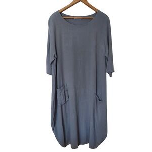 Lagenlook Gray Linen Cotton Blend Midi Dress 3/4 Sleeve Kaftan Pockets Sz 120 XL